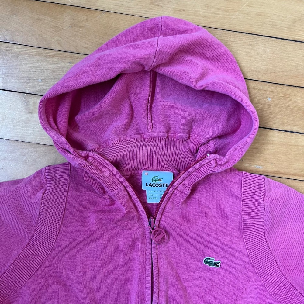 Lacoste Pink Full Zip Knit Hoodie Sweatshirt Green Croc Logo Size 38 US Small